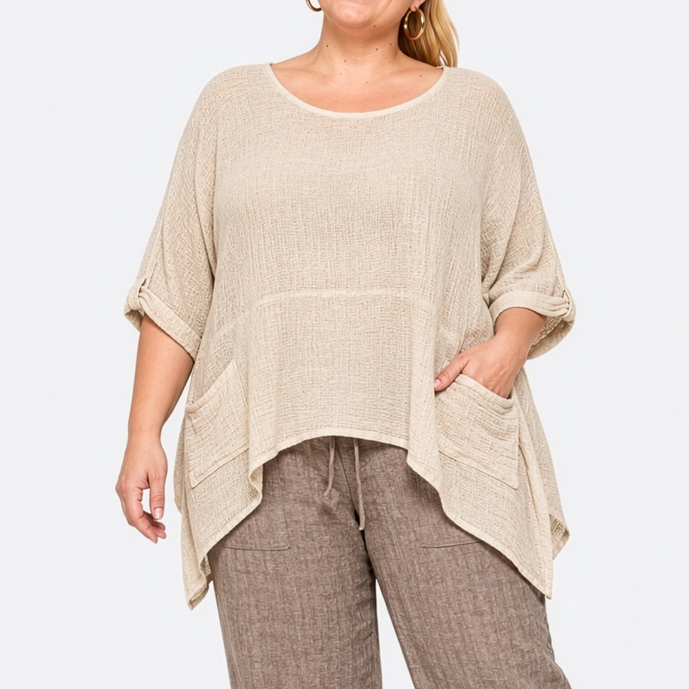 Big Cut Glora Linen Tunic With Front Pockets O/S Beige Top Made in Italy Boho